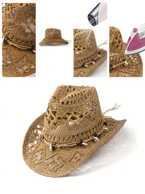 Chapéu de Cowboy Unissex com Contas de Madeira e Conchas