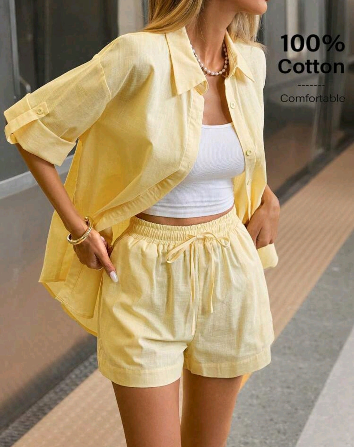 Conjunto de Camisa e Shorts Amarelo Manteiga