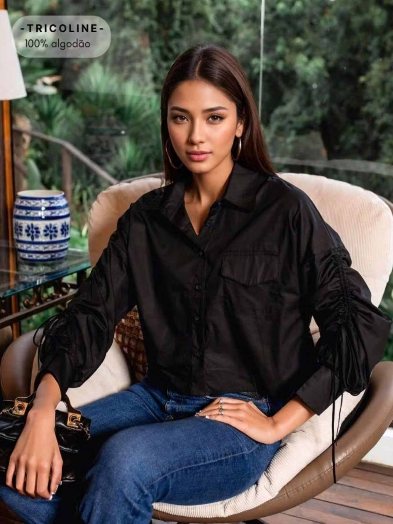 Camisa Cropped em Tricoline de Algodão Debora