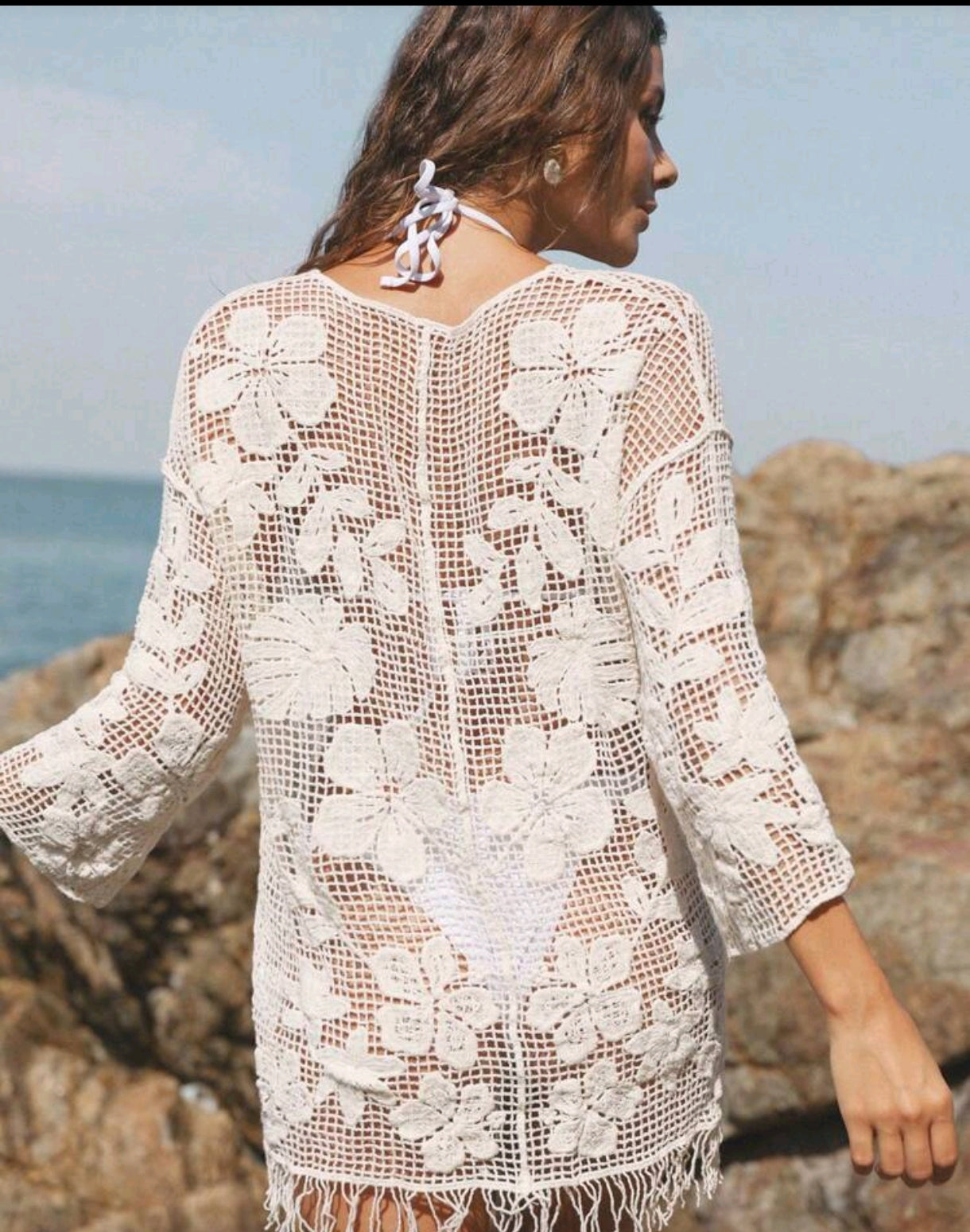 Saída de Praia Feminino Rendada Meia Manga