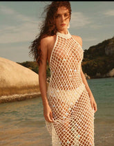 Vestido de Cobertura Para Praias e Resort Tricô e Miçangas