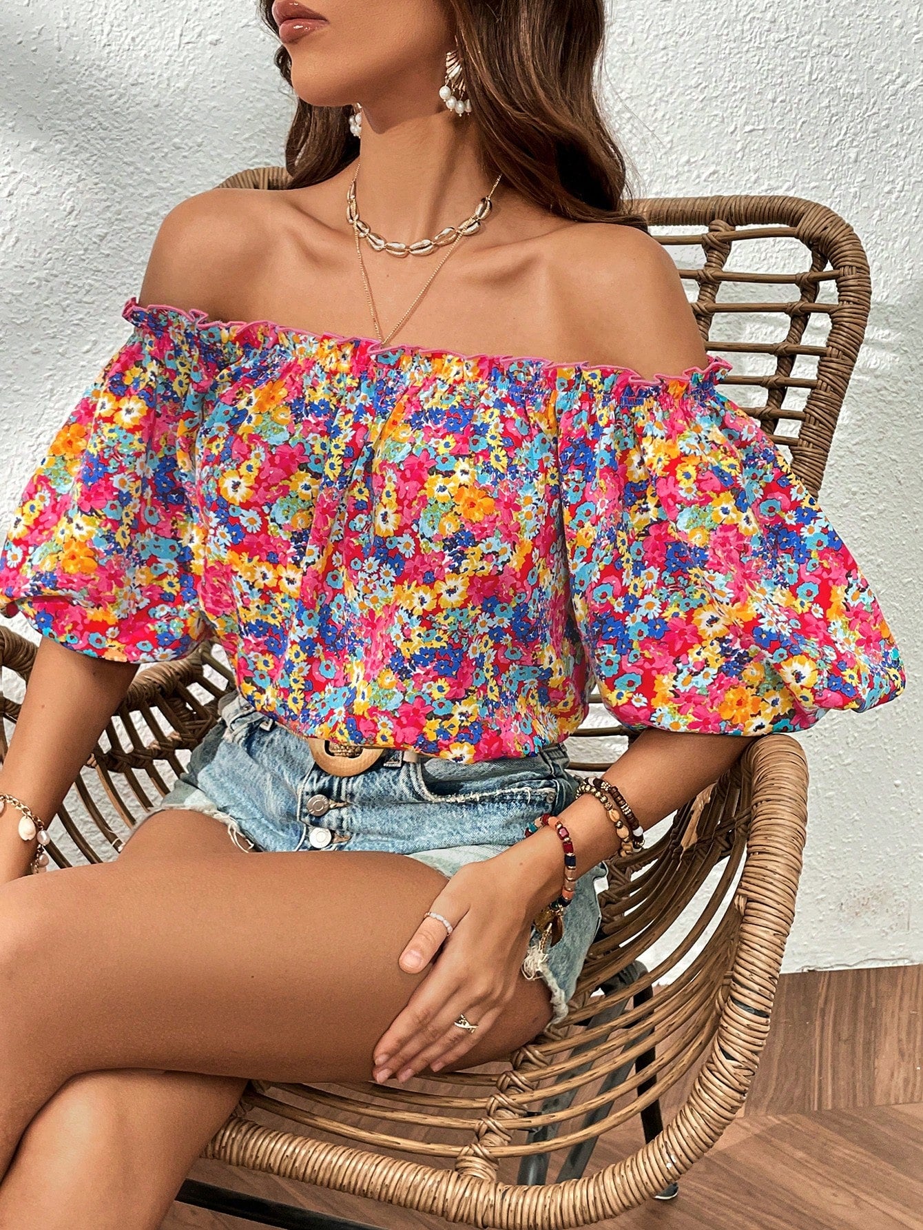 Blusa Estampa Floral Tomara que Caia Manga Bufante