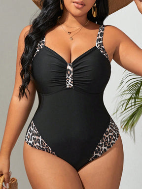 Maiô Estampa De Leopardo Busto Franzido (Plus Size)