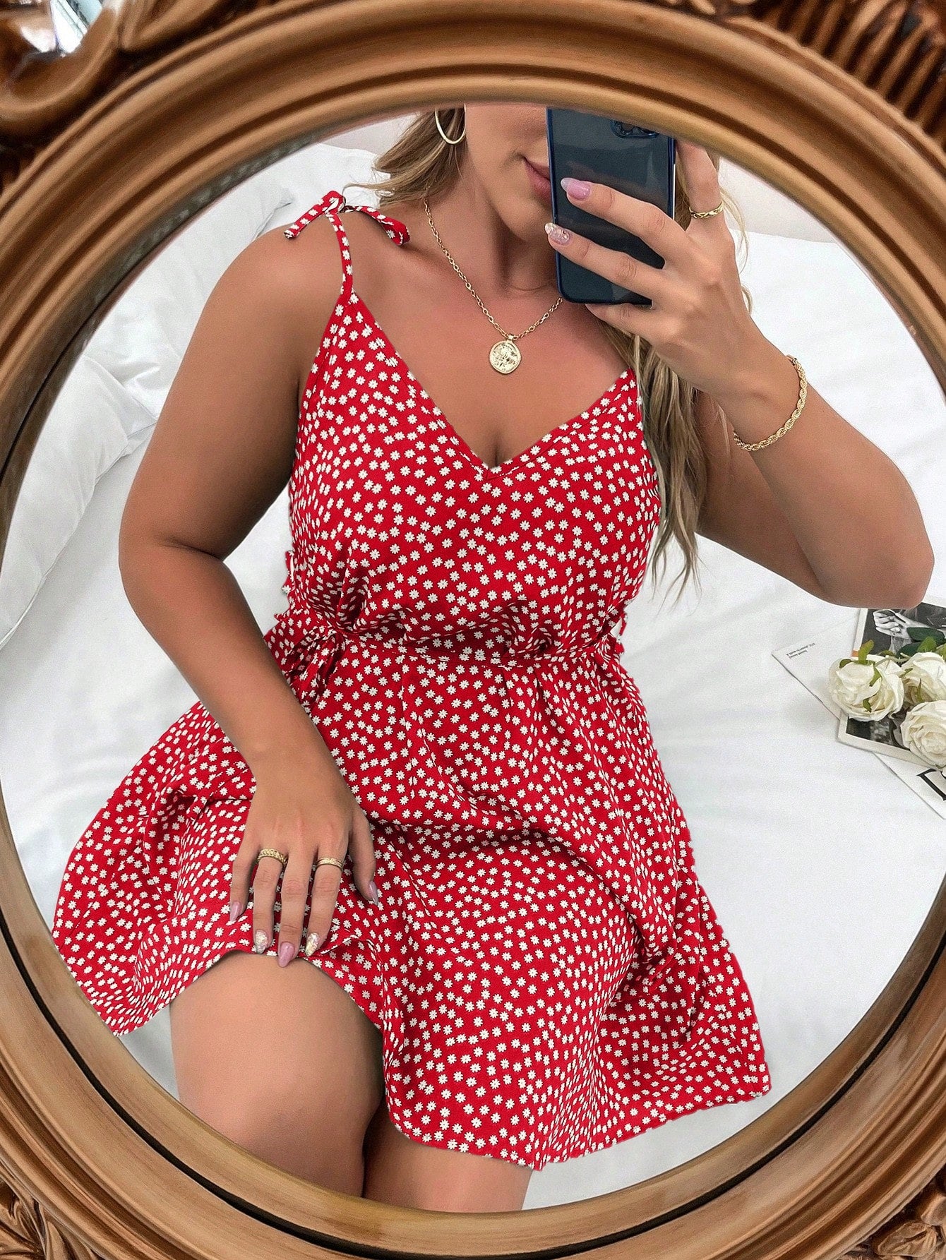 Vestido Feminino Floral Nó Ombro (Plus Size)