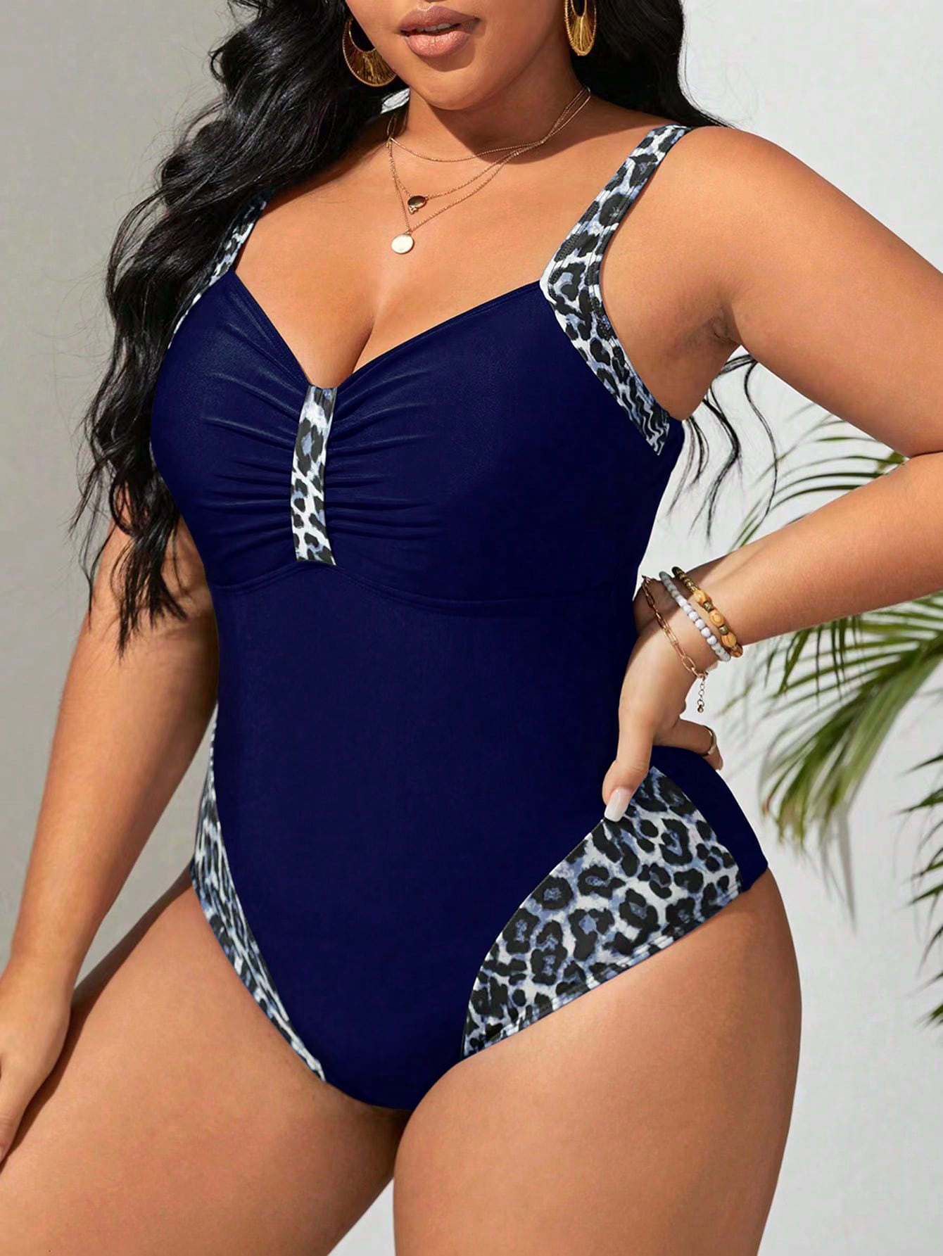 Maiô Estampa De Leopardo Busto Franzido (Plus Size)